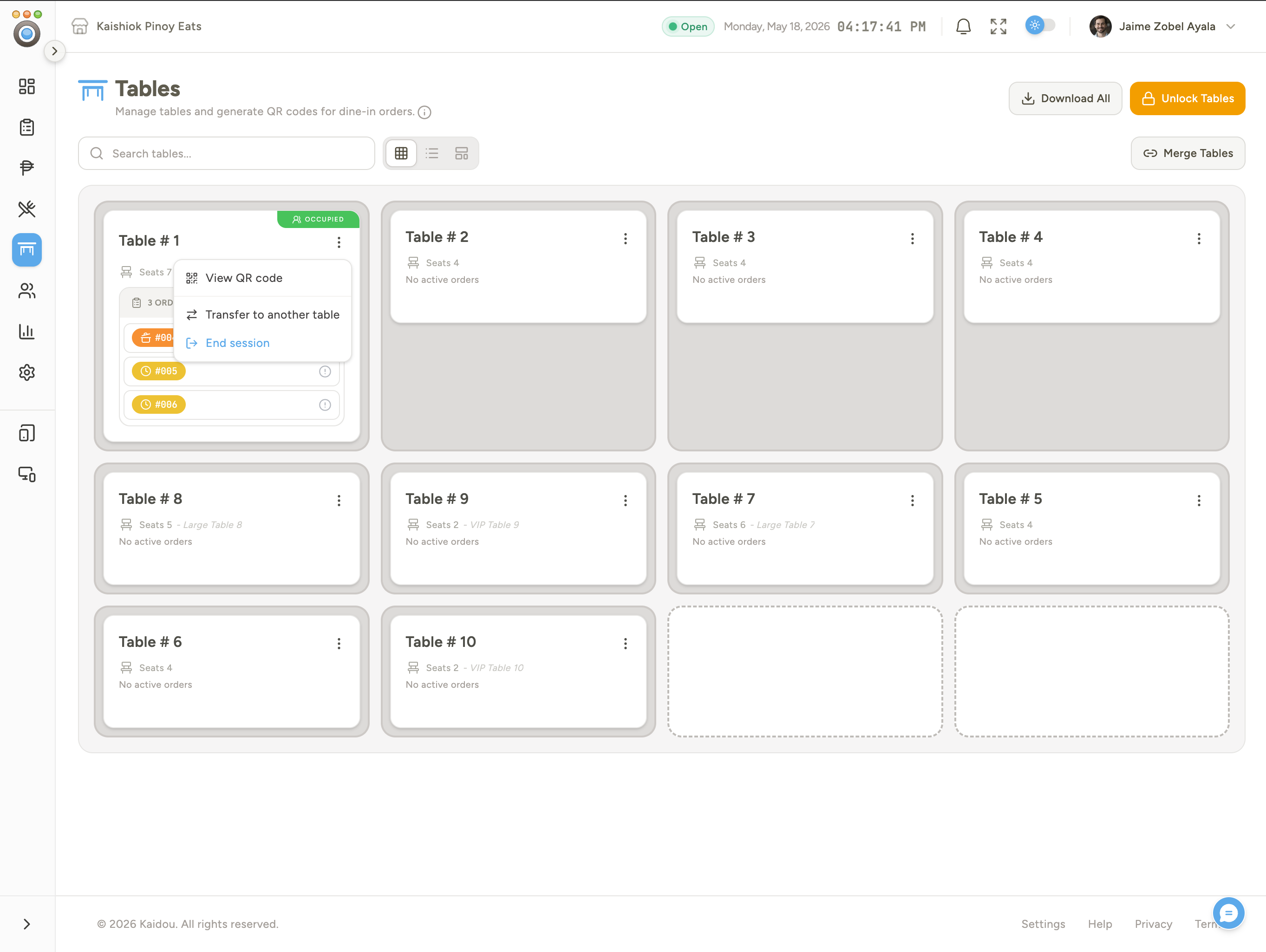 Floor plan and table management with active orders